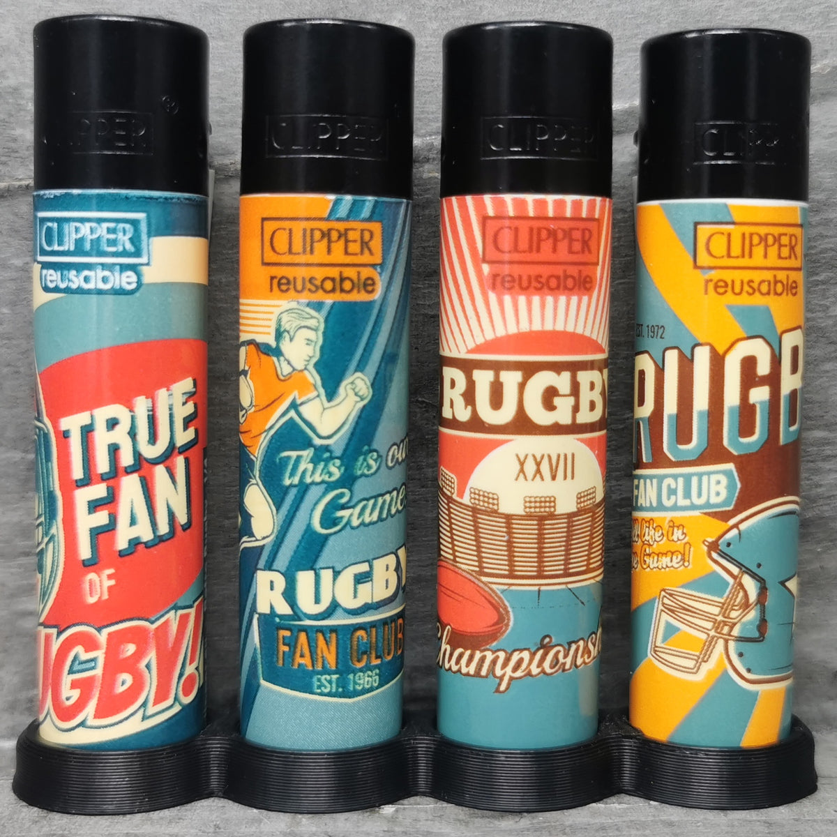Lot 4 Briquets Clipper Retro Rugby Rechargeables - Grand Modèle Collection